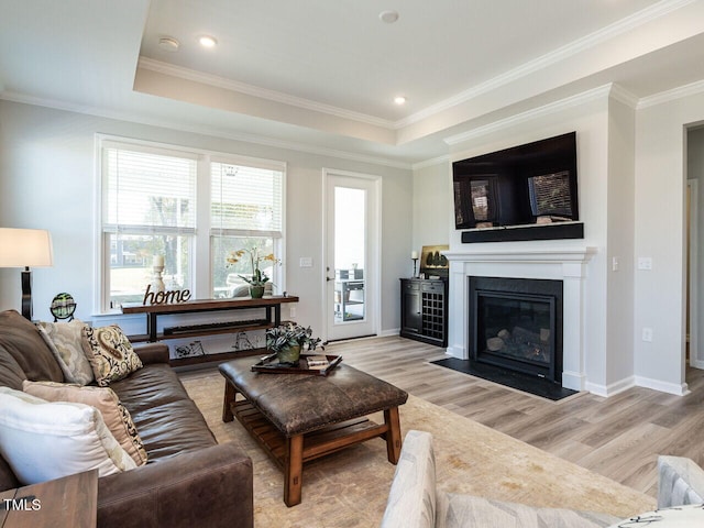 living room with light hardwood / wood-style floors, crown molding, and a raised ceiling