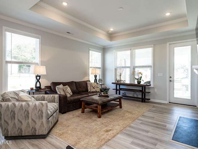 living room with light hardwood / wood-style floors, a healthy amount of sunlight, a tray ceiling, and crown molding