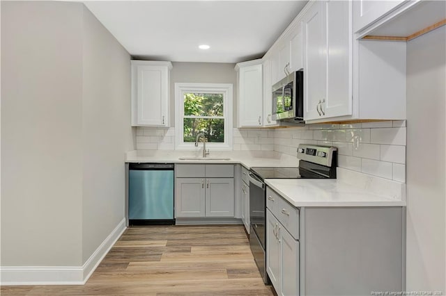 kitchen featuring sink, light wood-type flooring, appliances with stainless steel finishes, white cabinets, and backsplash