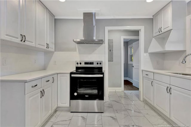 kitchen with white cabinetry, stainless steel range with electric cooktop, and ventilation hood