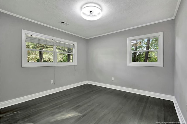 unfurnished room featuring a textured ceiling, plenty of natural light, crown molding, and dark wood-type flooring