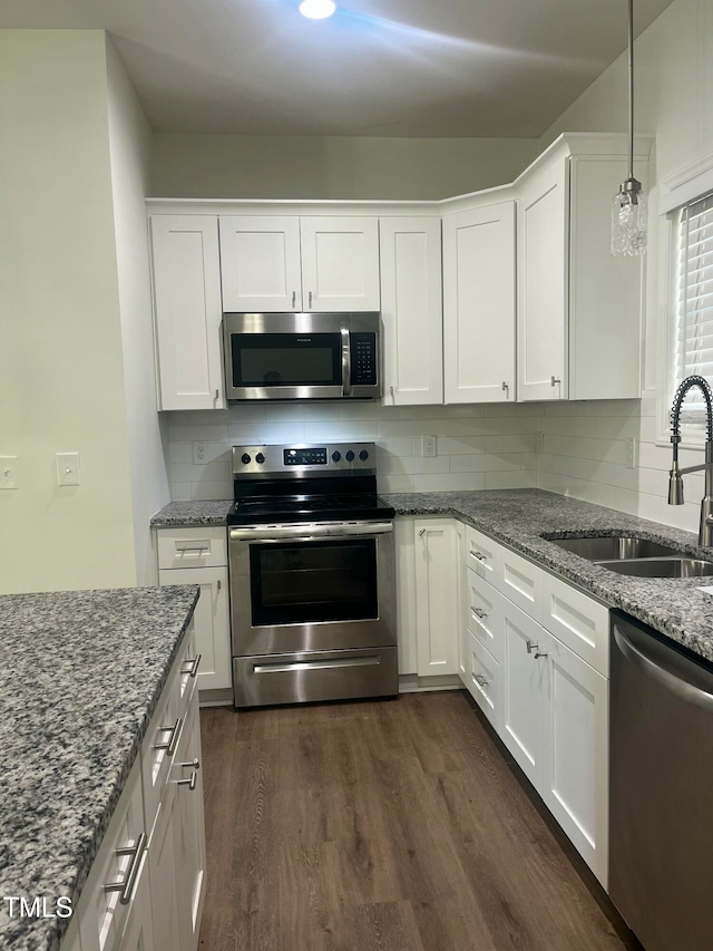 kitchen featuring white cabinets, light stone counters, dark hardwood / wood-style flooring, appliances with stainless steel finishes, and sink