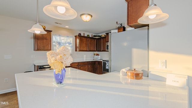 kitchen with kitchen peninsula, hanging light fixtures, wood-type flooring, and stainless steel appliances