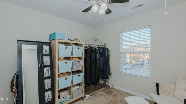 spacious closet featuring ceiling fan and carpet