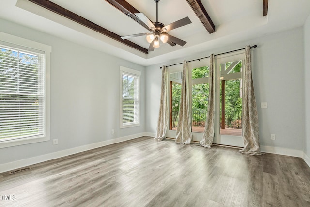 unfurnished room with a wealth of natural light, light hardwood / wood-style floors, and ceiling fan