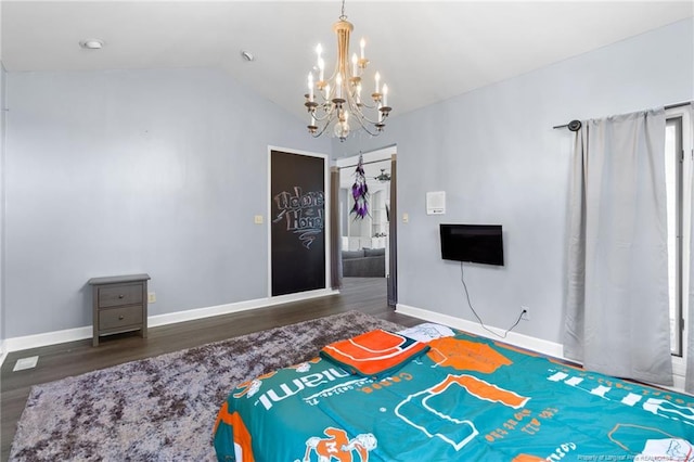 unfurnished bedroom featuring an inviting chandelier, dark wood-type flooring, and vaulted ceiling