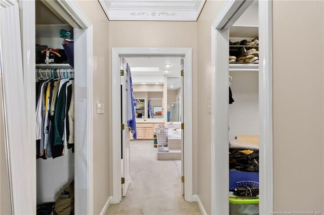 corridor featuring ornamental molding and light colored carpet