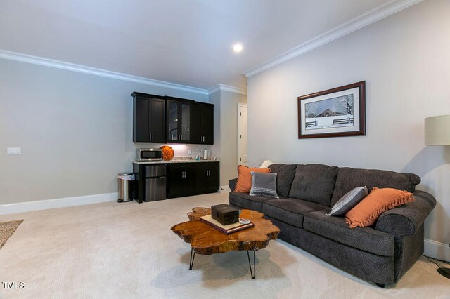 living room with crown molding and light carpet