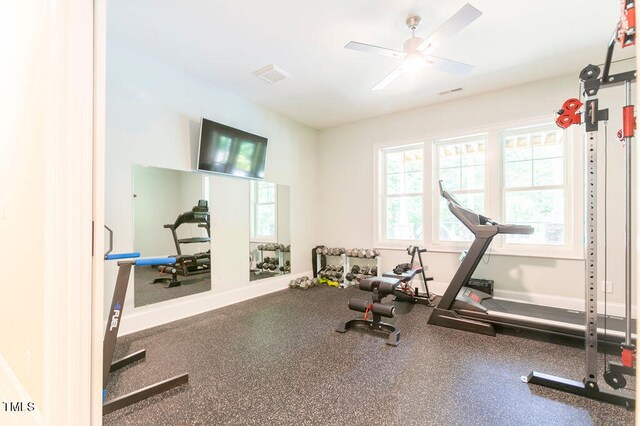 workout room featuring ceiling fan