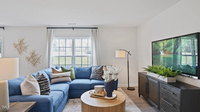 living room with light hardwood / wood-style flooring