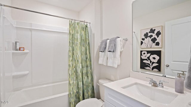 full bathroom with vanity, shower / bath combo, and toilet