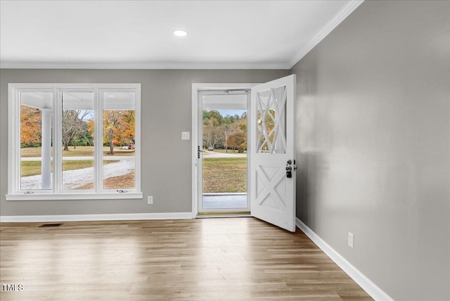 doorway featuring light hardwood / wood-style floors, crown molding, and a wealth of natural light