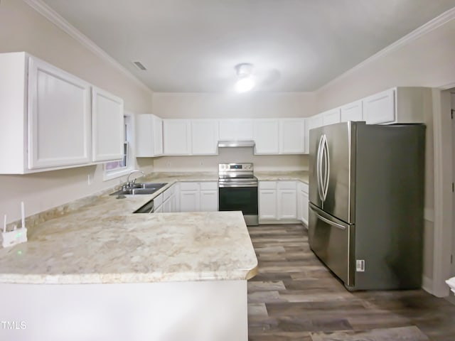 kitchen featuring dark hardwood / wood-style flooring, white cabinetry, ornamental molding, sink, and stainless steel appliances