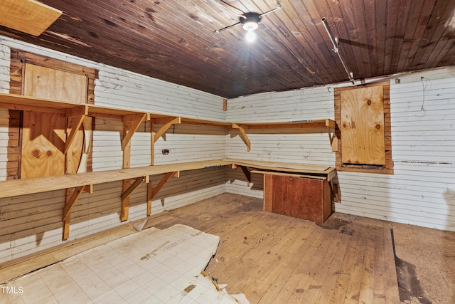 interior space with light hardwood / wood-style floors, wood walls, and wood ceiling