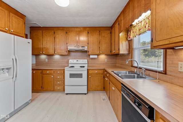 kitchen featuring decorative backsplash, white appliances, sink, and light hardwood / wood-style floors