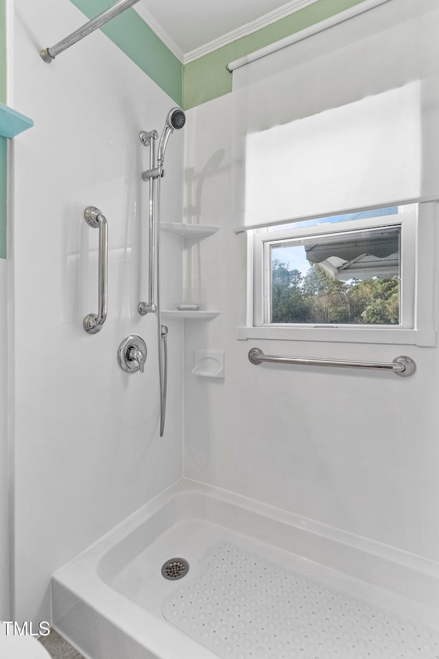 bathroom featuring walk in shower and ornamental molding