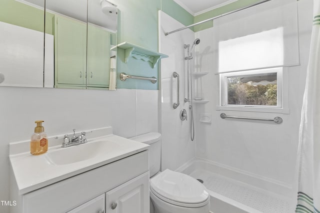 2494 Joel Johnson Rd, Lillington, NC 27546 - full bath featuring toilet, curtained shower, vanity, and ornamental molding