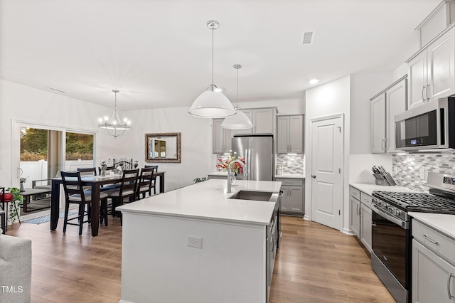 kitchen featuring appliances with stainless steel finishes, a sink, gray cabinets, tasteful backsplash, and recessed lighting