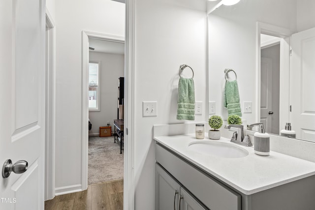 bathroom with wood finished floors and vanity