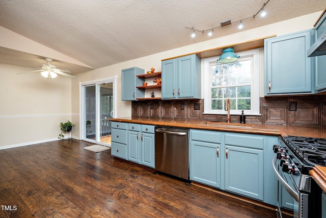 kitchen featuring sink, dark hardwood / wood-style flooring, blue cabinets, vaulted ceiling, and appliances with stainless steel finishes