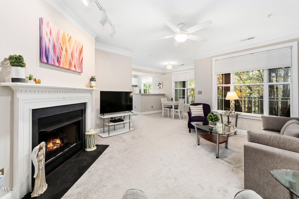 living room with ceiling fan, carpet, crown molding, and track lighting