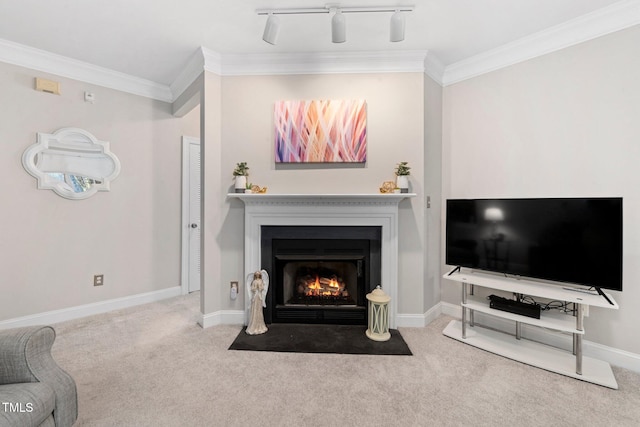 carpeted living room featuring crown molding