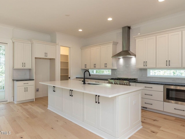 103 Brandy Ml, Pittsboro, NC 27312 - kitchen with wall chimney range hood, a sink, appliances with stainless steel finishes, light wood finished floors, and a kitchen island with sink