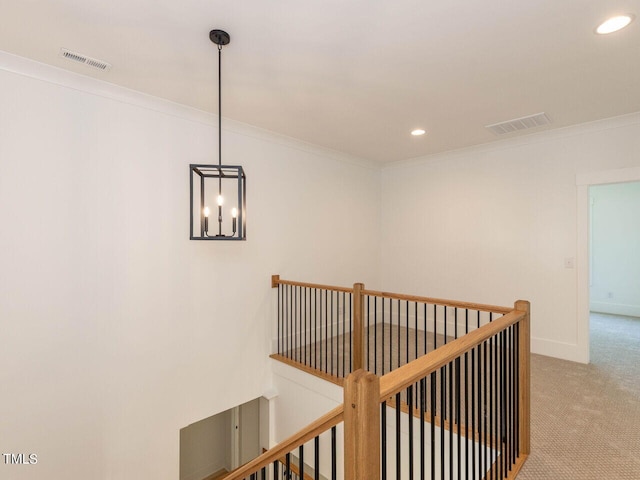 103 Brandy Ml, Pittsboro, NC 27312 - corridor with an upstairs landing, carpet floors, ornamental molding, recessed lighting, and baseboards