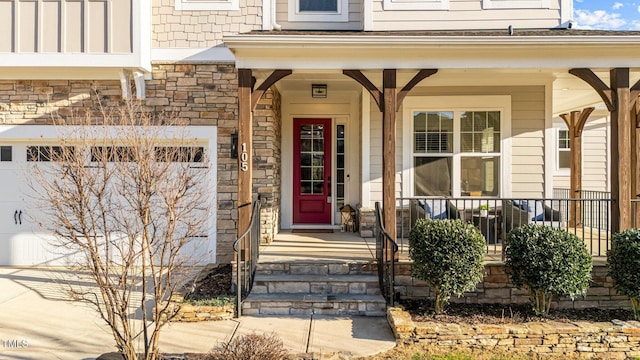 entrance to property featuring a garage