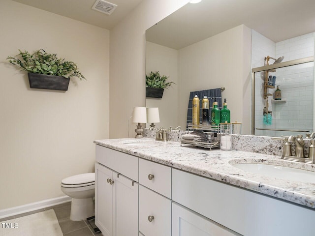 bathroom with tile patterned flooring, vanity, toilet, and a shower with door