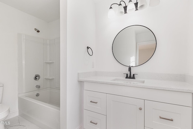 full bathroom with shower / washtub combination, vanity, and toilet