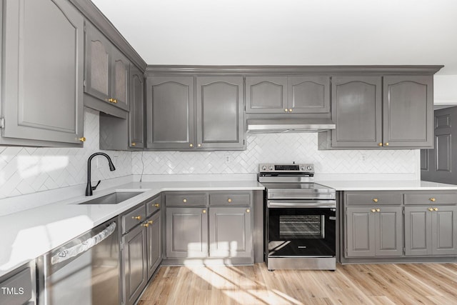 kitchen featuring decorative backsplash, sink, light hardwood / wood-style flooring, and appliances with stainless steel finishes