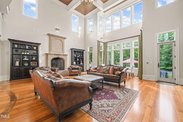 living room with a wealth of natural light, a high ceiling, and light hardwood / wood-style floors