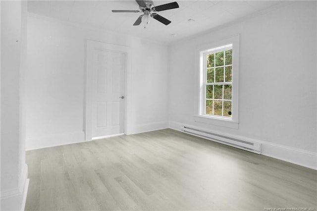 unfurnished room featuring ceiling fan, a baseboard radiator, and light wood-type flooring