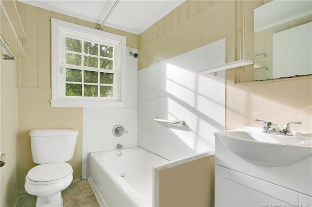 full bathroom featuring vanity, toilet, tasteful backsplash, and bathing tub / shower combination