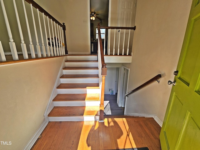 stairway with hardwood / wood-style flooring and ceiling fan