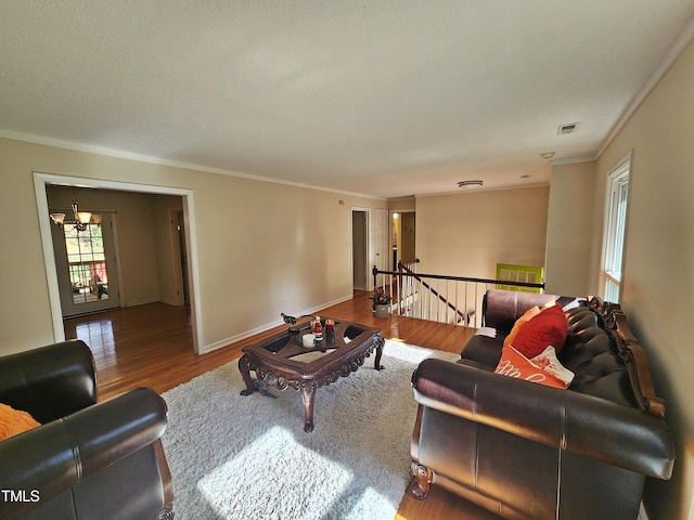 living room with hardwood / wood-style floors, a chandelier, a textured ceiling, and ornamental molding