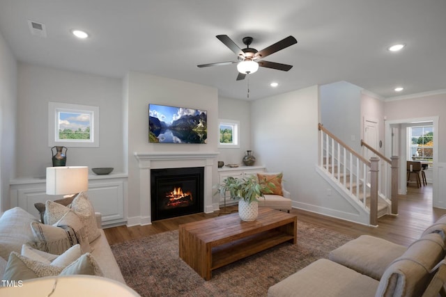 living room featuring ceiling fan, a wealth of natural light, and dark wood-type flooring