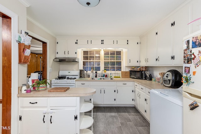 kitchen featuring white cabinetry, sink, white appliances, and ornamental molding