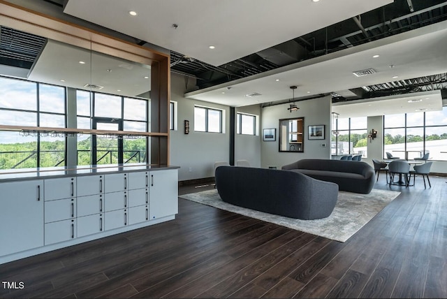 living room with dark hardwood / wood-style flooring