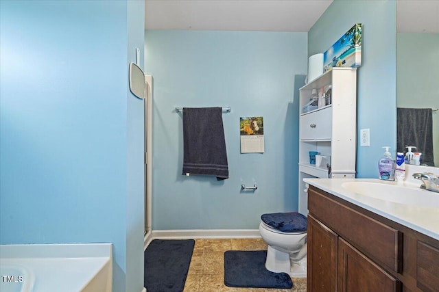 full bathroom featuring toilet, plus walk in shower, vanity, and tile patterned floors