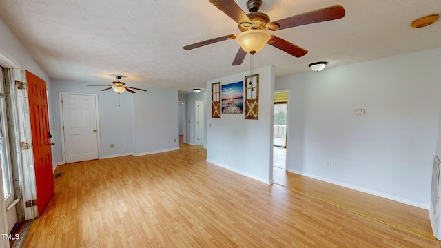 unfurnished living room with light hardwood / wood-style floors, ceiling fan, and a textured ceiling