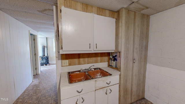 kitchen featuring wood walls, white cabinets, and sink