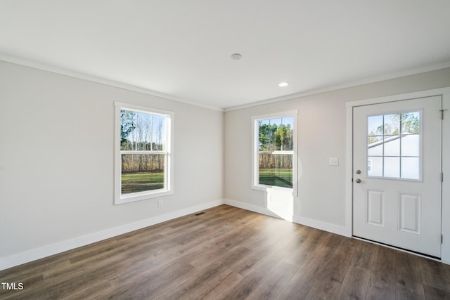 entryway with crown molding, a healthy amount of sunlight, and dark hardwood / wood-style floors