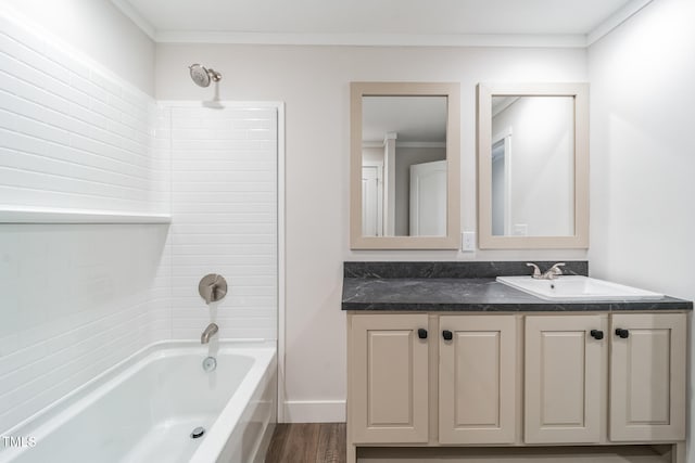 bathroom with vanity, shower / bathtub combination, hardwood / wood-style flooring, and ornamental molding