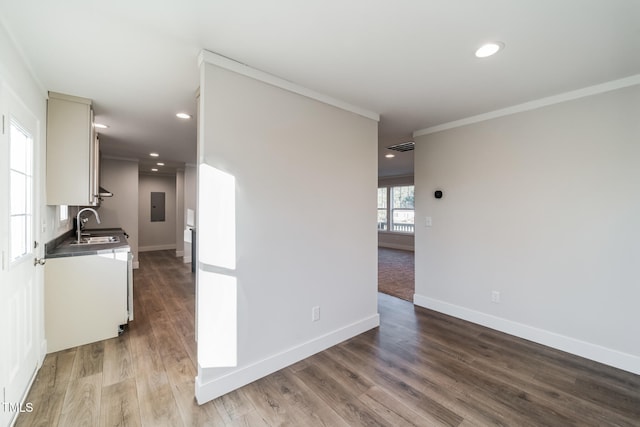 interior space with hardwood / wood-style floors, sink, electric panel, and crown molding