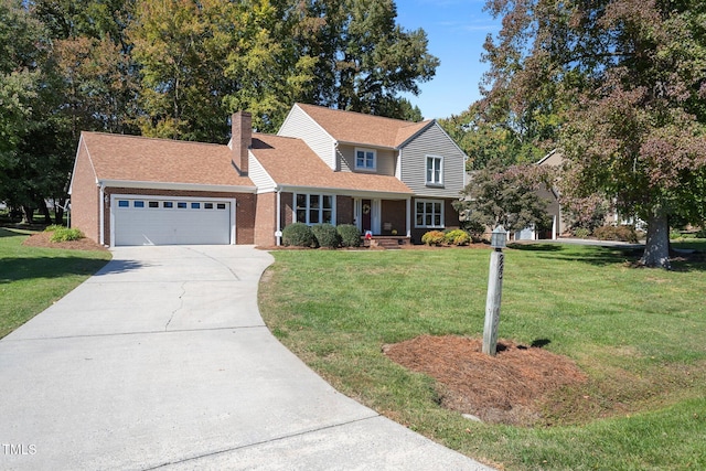 view of front facade with a garage, a front yard, and a porch