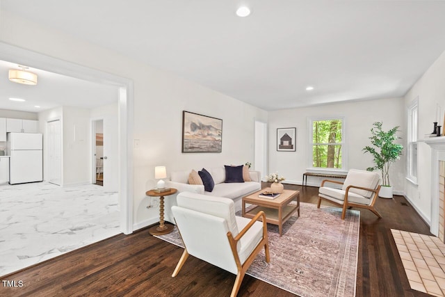 120 Kingston Dr, Chapel Hill, NC 27514 - living room featuring recessed lighting, a fireplace with flush hearth, baseboards, and wood finished floors