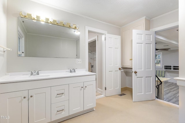 bathroom featuring crown molding, vanity, and a textured ceiling