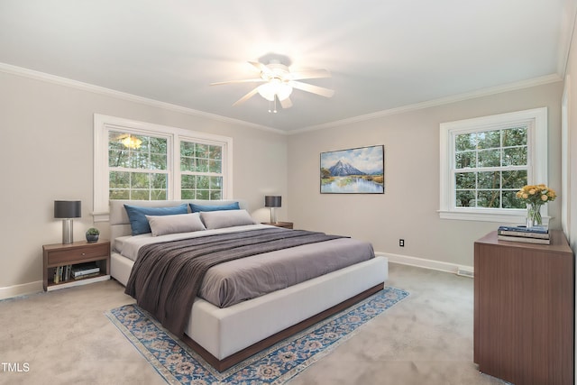 bedroom featuring light colored carpet and ornamental molding